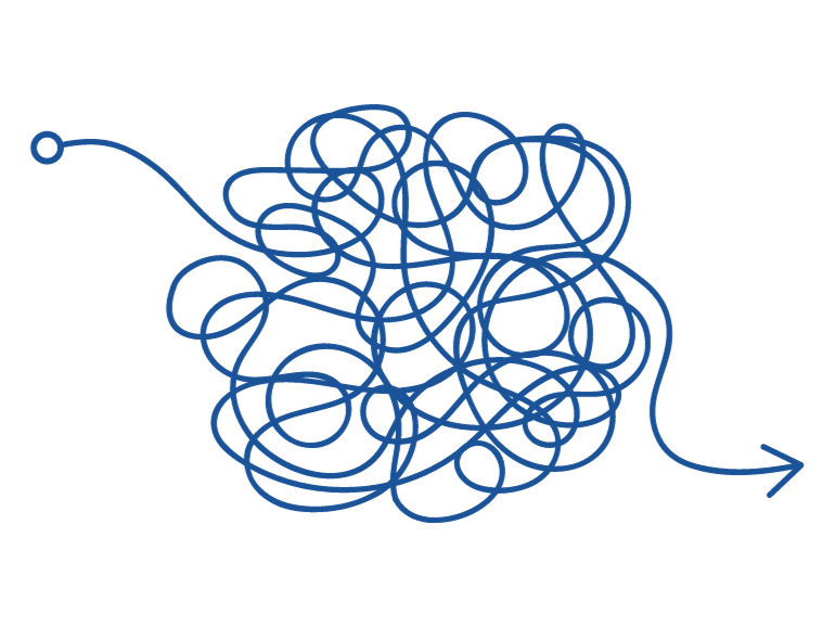 Tangled line with an arrow coming out, showing a solution from confusion